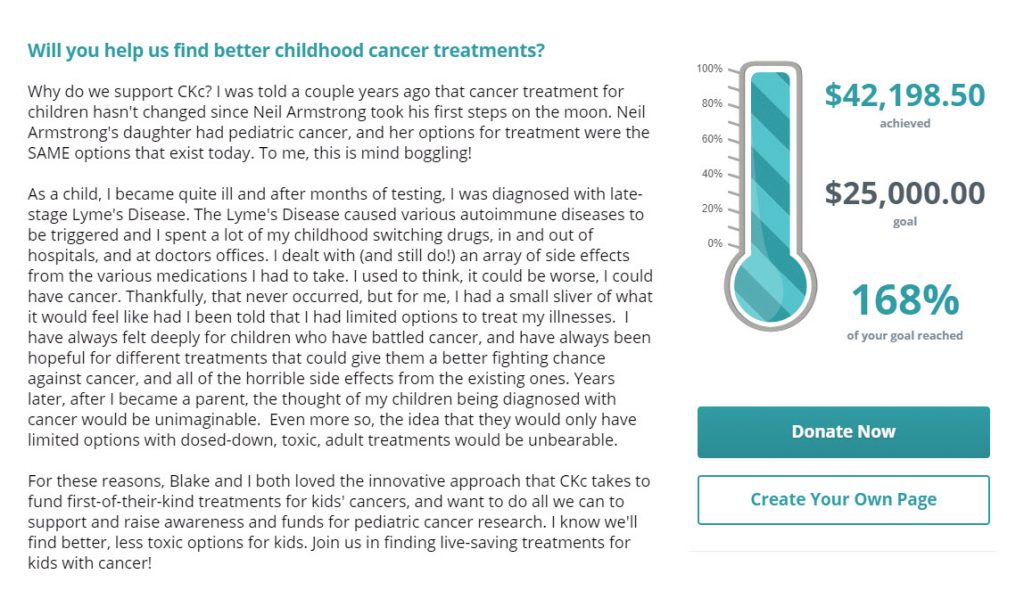 Part of a personal fundraising page for the Cannonball Kids' Cancer Foundation's Gold Gala 2021. It shows their personal fundraising goal, why they give, and even has a link to donate to their fundraiser.