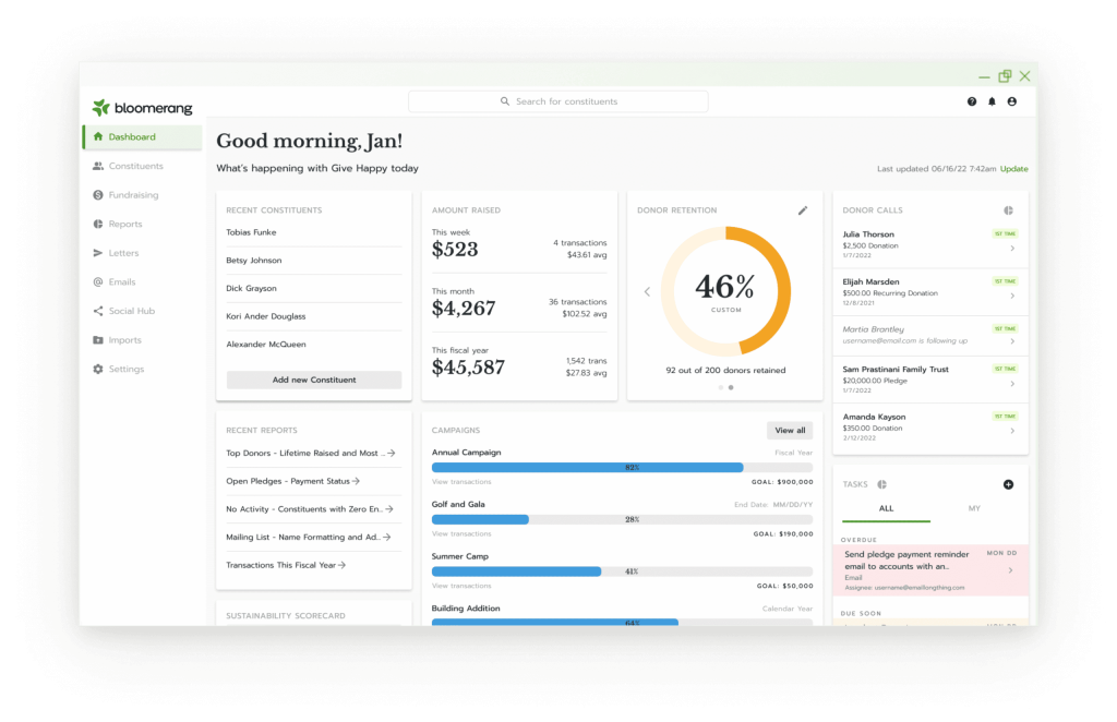 screenshot of Bloomerang's user interface dashboard to show how a CRM can help when asking for donations